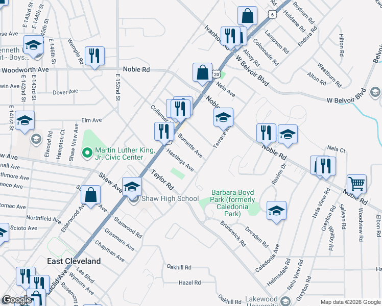 map of restaurants, bars, coffee shops, grocery stores, and more near 1880 Burnette Avenue in East Cleveland