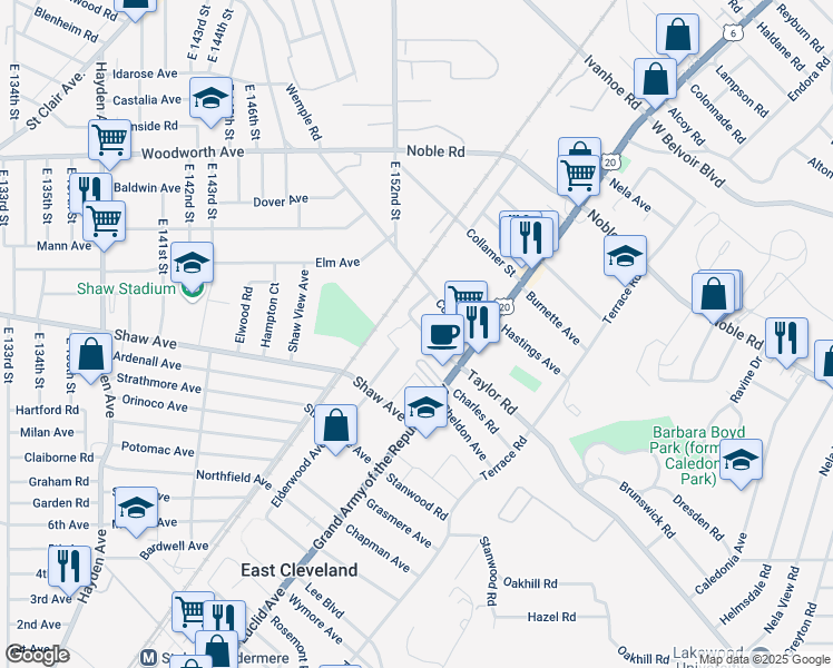 map of restaurants, bars, coffee shops, grocery stores, and more near 1754 Taylor Road in East Cleveland