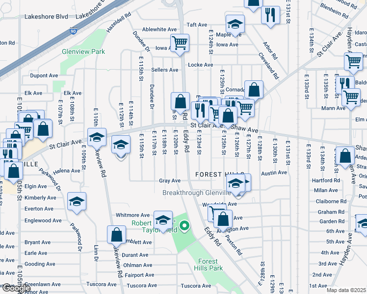 map of restaurants, bars, coffee shops, grocery stores, and more near 645 East 120th Street in Cleveland