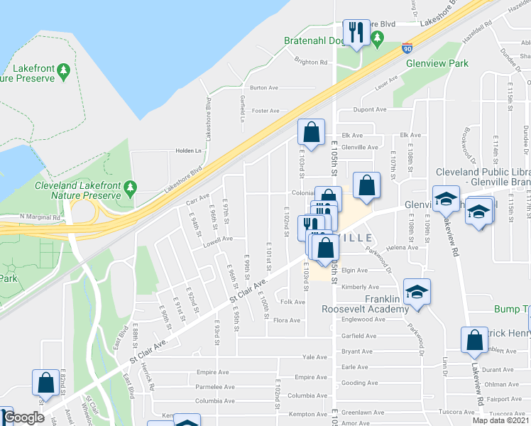 map of restaurants, bars, coffee shops, grocery stores, and more near 644-650 East 101st Street in Cleveland