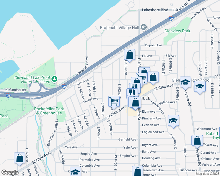 map of restaurants, bars, coffee shops, grocery stores, and more near 650 East 101st Street in Cleveland