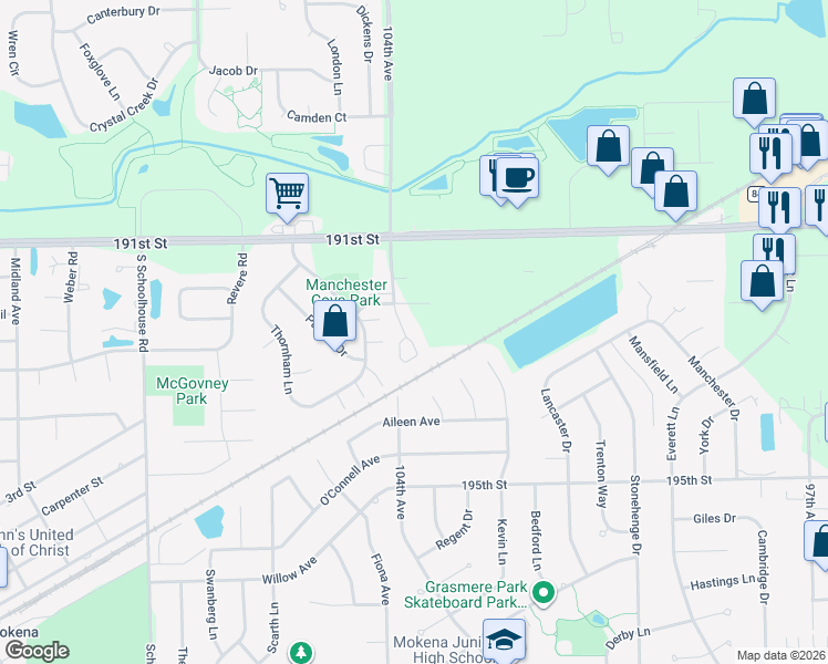 map of restaurants, bars, coffee shops, grocery stores, and more near 19220 104th Avenue in Mokena