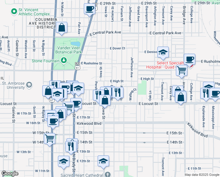 map of restaurants, bars, coffee shops, grocery stores, and more near 1935 Leclaire Street in Davenport