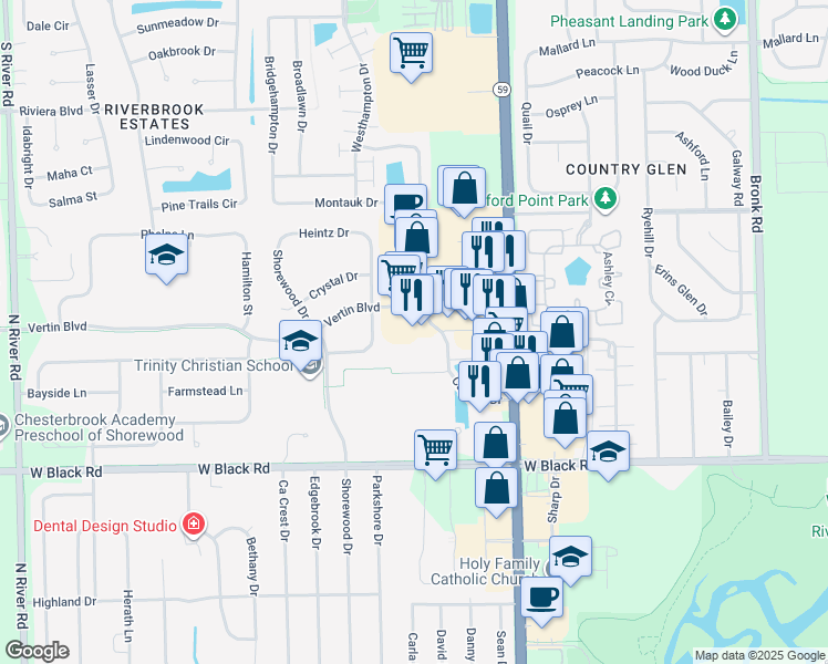 map of restaurants, bars, coffee shops, grocery stores, and more near 319 Vertin Boulevard in Shorewood