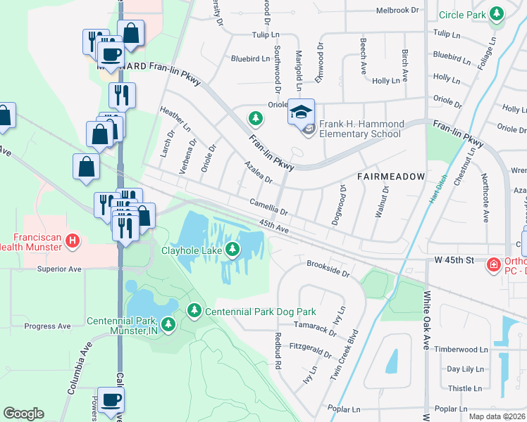 map of restaurants, bars, coffee shops, grocery stores, and more near 1000-1198 45th Street in Munster