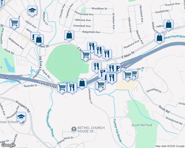 map of restaurants, bars, coffee shops, grocery stores, and more near 540 Plank Road in Waterbury