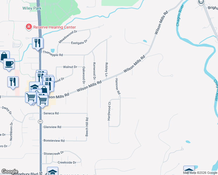 map of restaurants, bars, coffee shops, grocery stores, and more near 6928 Wilson Mills Road in Gates Mills