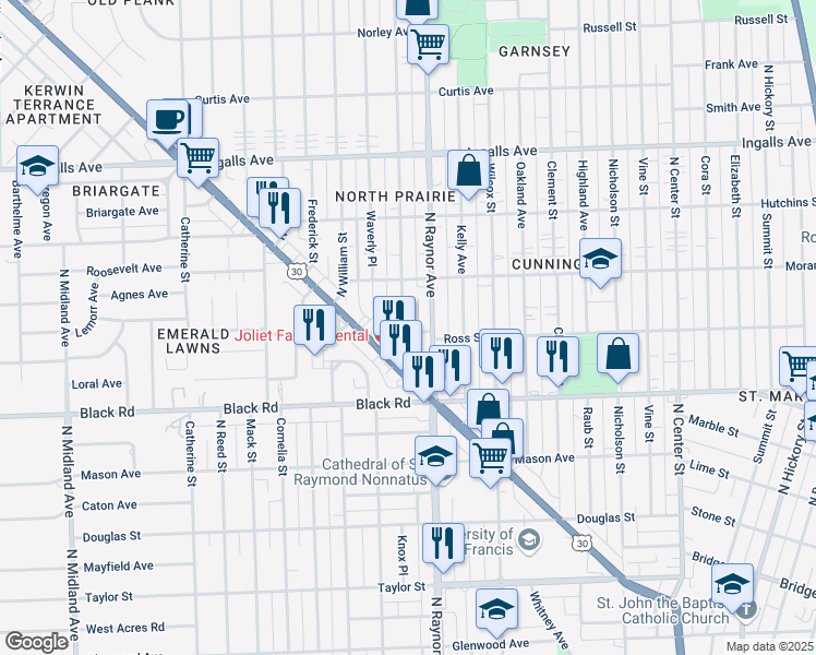 map of restaurants, bars, coffee shops, grocery stores, and more near 868 Ross Street in Joliet