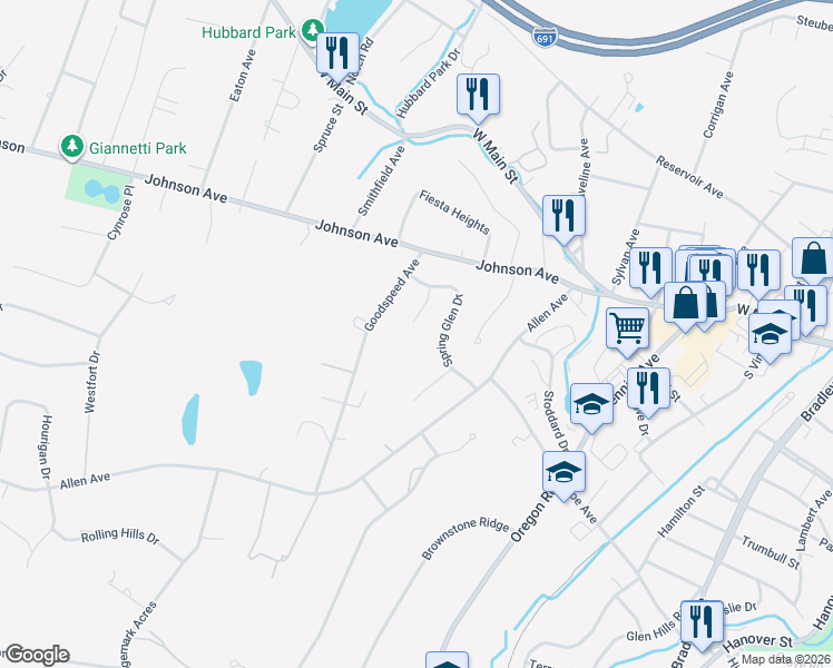 map of restaurants, bars, coffee shops, grocery stores, and more near 54 Blueberry Lane in Meriden