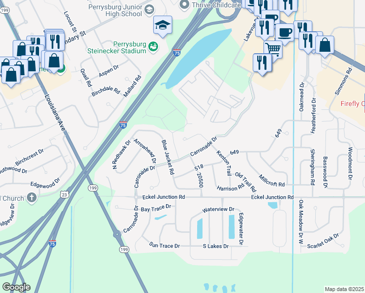 map of restaurants, bars, coffee shops, grocery stores, and more near 26579 Carronade Drive in Perrysburg