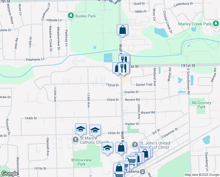 map of restaurants, bars, coffee shops, grocery stores, and more near 11245 192nd Street in Mokena