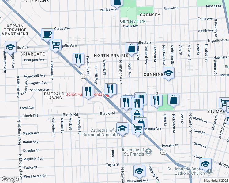 map of restaurants, bars, coffee shops, grocery stores, and more near 902 North Prairie Avenue in Joliet