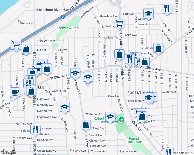 map of restaurants, bars, coffee shops, grocery stores, and more near 651 East 115th Street in Cleveland