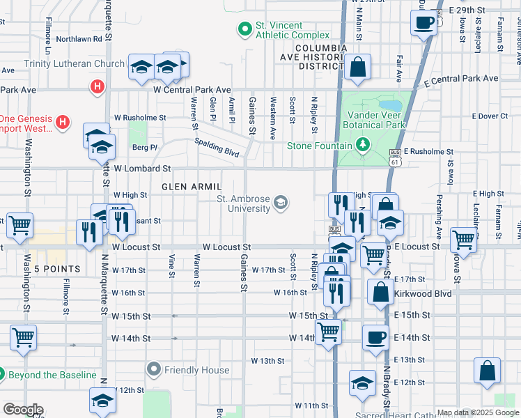 map of restaurants, bars, coffee shops, grocery stores, and more near 518 Locust Street in Davenport