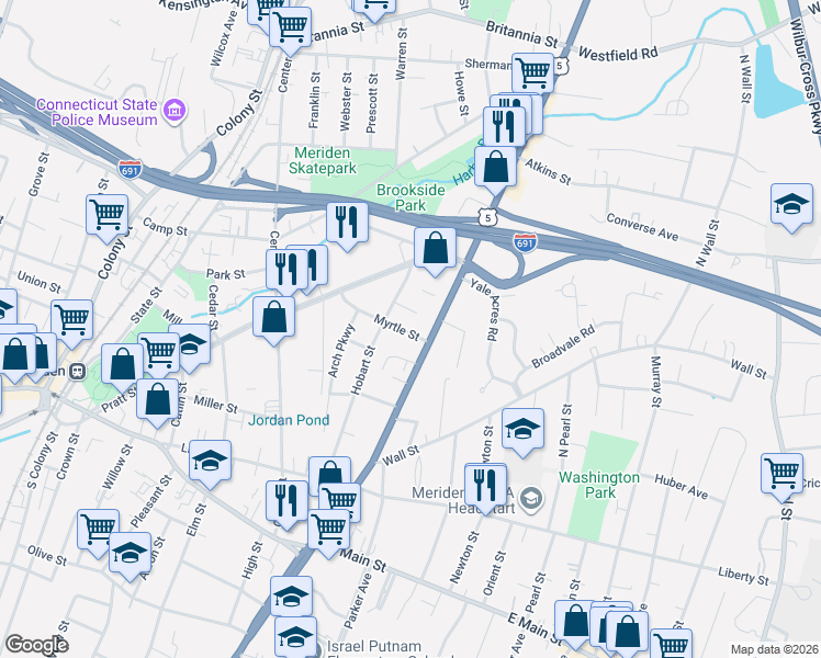 map of restaurants, bars, coffee shops, grocery stores, and more near 87 Myrtle Street in Meriden