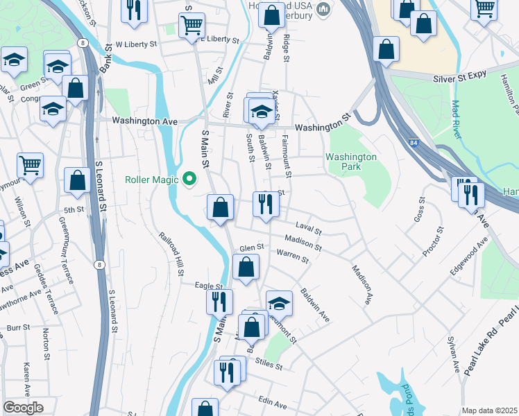 map of restaurants, bars, coffee shops, grocery stores, and more near 955 Baldwin Street in Waterbury