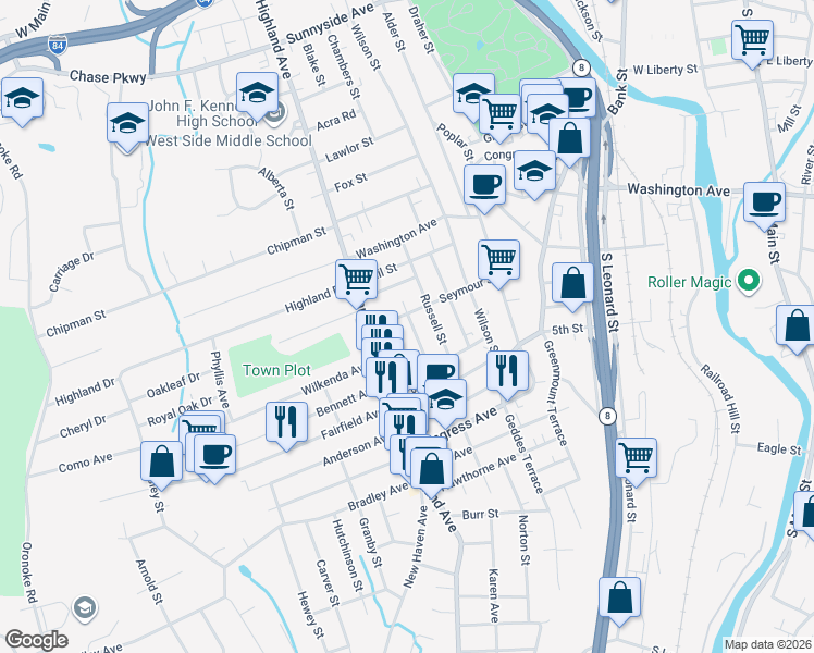 map of restaurants, bars, coffee shops, grocery stores, and more near 70 Francis Street in Waterbury