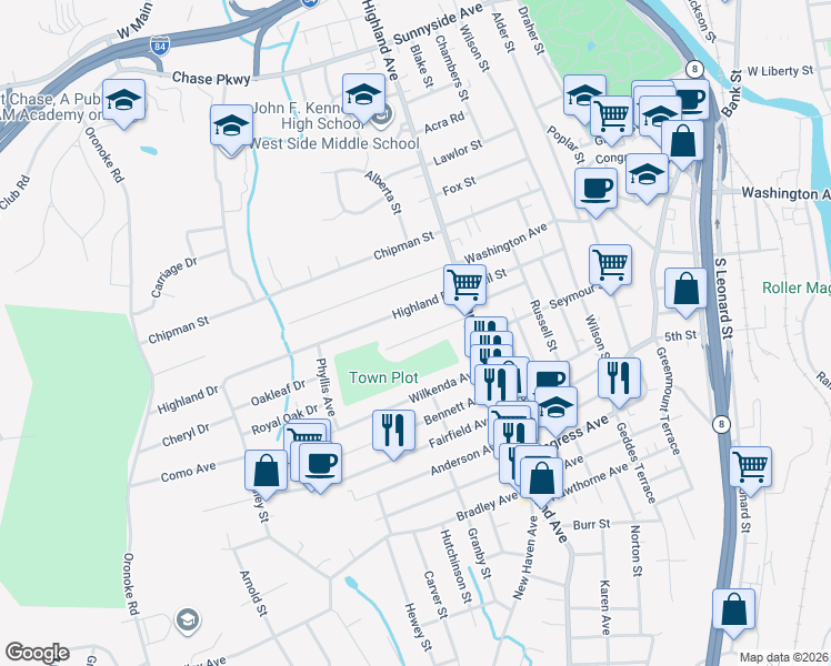map of restaurants, bars, coffee shops, grocery stores, and more near 67 Rosemount Avenue in Waterbury