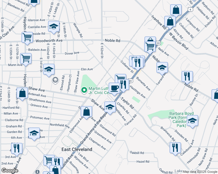 map of restaurants, bars, coffee shops, grocery stores, and more near 1754 Taylor Road in East Cleveland