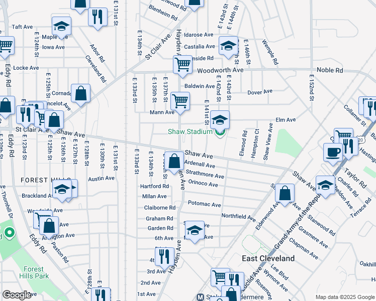 map of restaurants, bars, coffee shops, grocery stores, and more near in East Cleveland