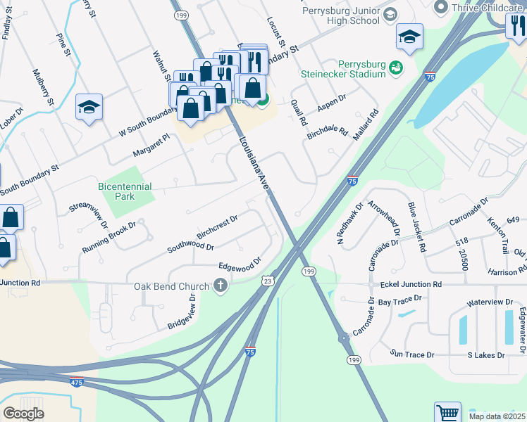 map of restaurants, bars, coffee shops, grocery stores, and more near 150 Edgewood Drive in Perrysburg