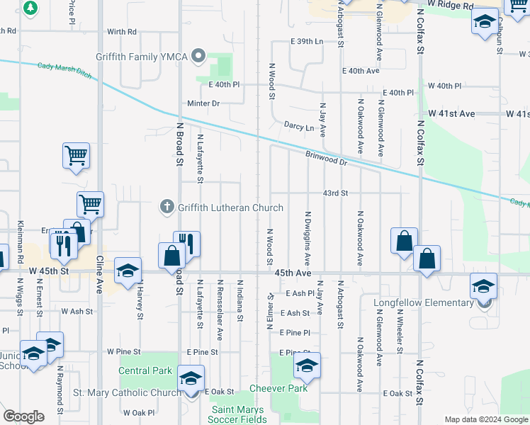map of restaurants, bars, coffee shops, grocery stores, and more near 1008-10 North Wood Street in Griffith