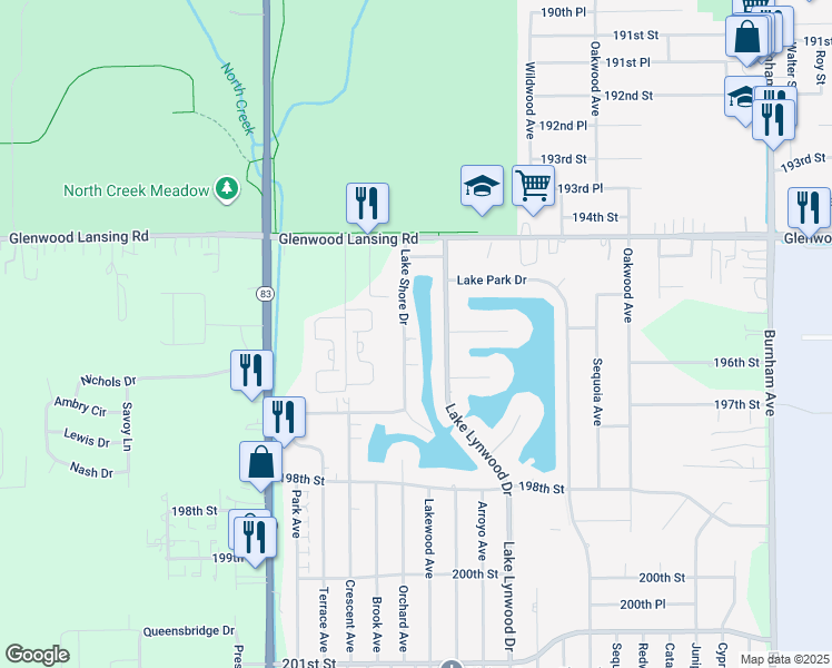 map of restaurants, bars, coffee shops, grocery stores, and more near 19550 Lake Shore Drive in Lynwood