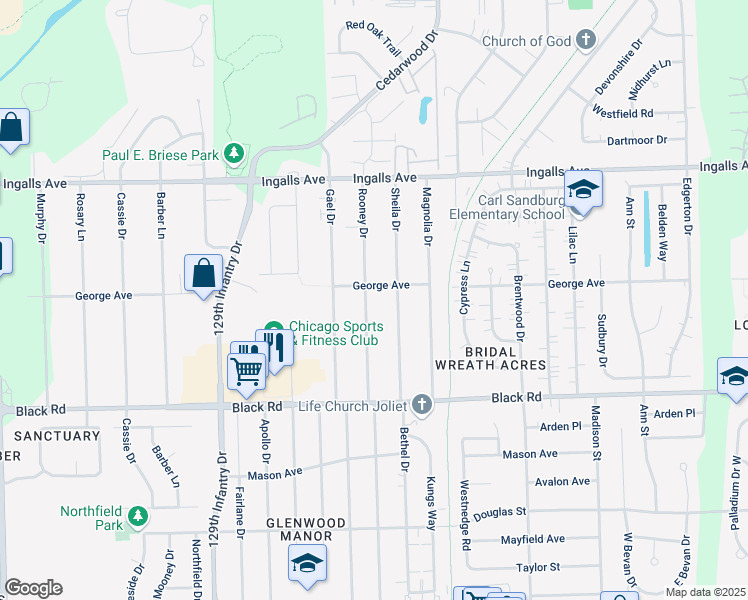 map of restaurants, bars, coffee shops, grocery stores, and more near 824 Rooney Drive in Joliet