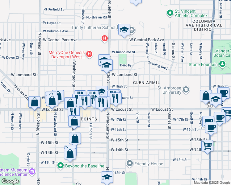 map of restaurants, bars, coffee shops, grocery stores, and more near 1252 West Pleasant Street in Davenport