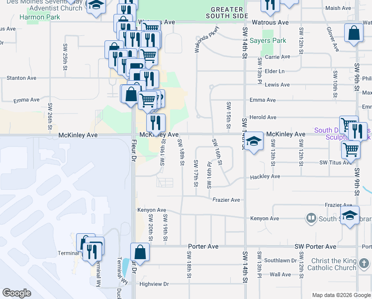 map of restaurants, bars, coffee shops, grocery stores, and more near 4913 Southwest 18th Street in Des Moines