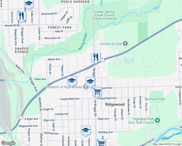 map of restaurants, bars, coffee shops, grocery stores, and more near 1522 Maple Road in Joliet