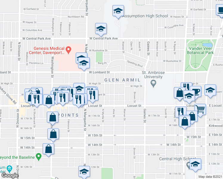 map of restaurants, bars, coffee shops, grocery stores, and more near 2018 Vine Street in Davenport