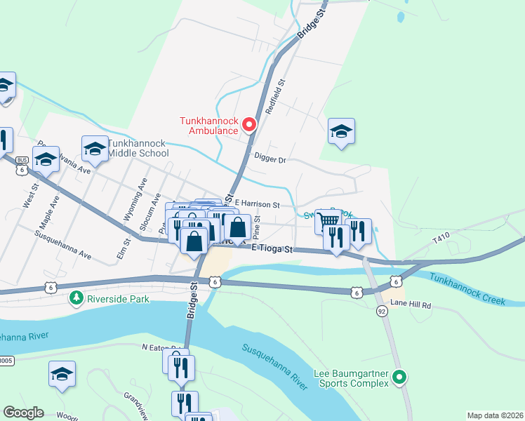 map of restaurants, bars, coffee shops, grocery stores, and more near 35 2nd Street in Tunkhannock