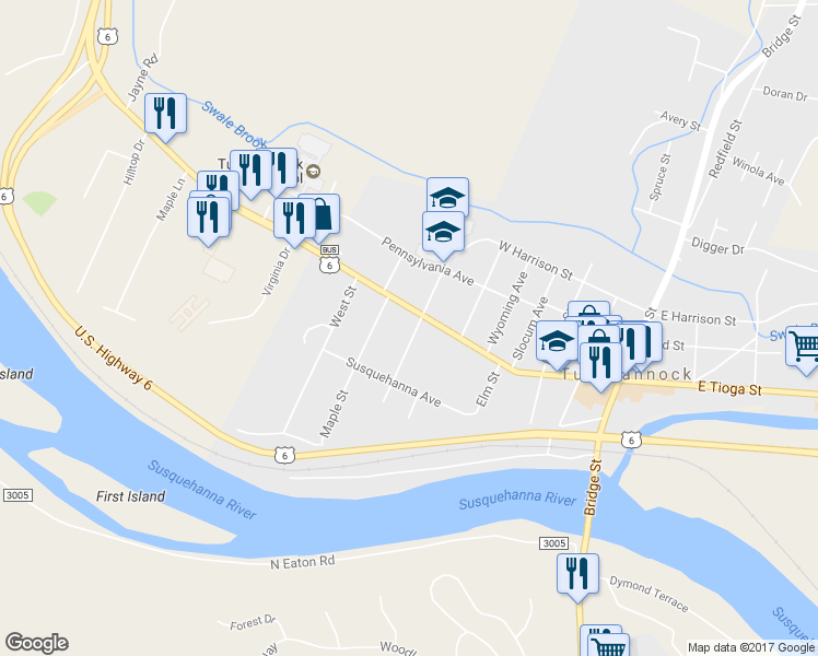 map of restaurants, bars, coffee shops, grocery stores, and more near 77 Franklin Avenue in Tunkhannock