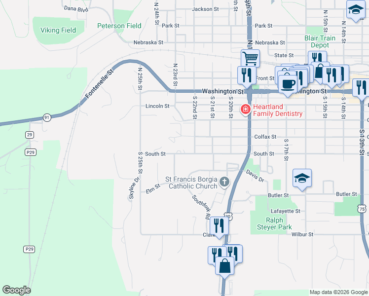map of restaurants, bars, coffee shops, grocery stores, and more near 2255 South Street in Blair