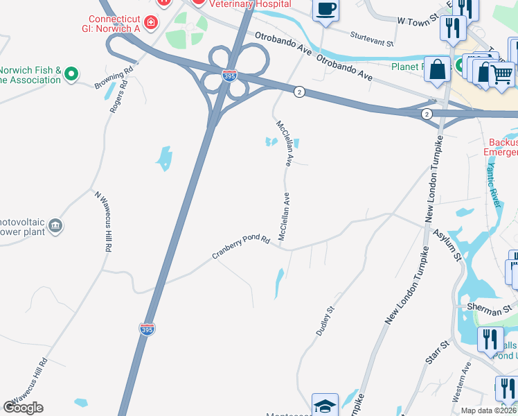 map of restaurants, bars, coffee shops, grocery stores, and more near 93 McClellan Avenue in Norwich
