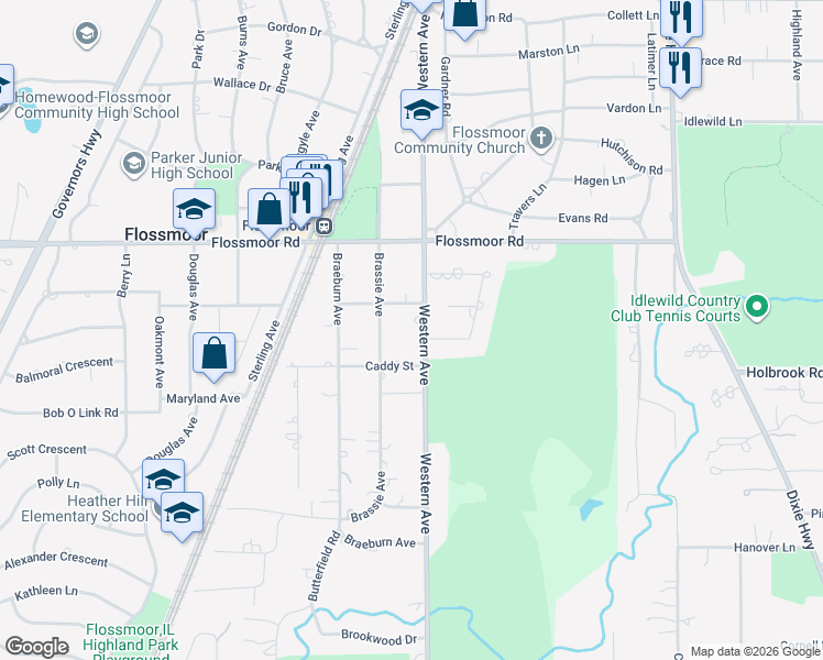 map of restaurants, bars, coffee shops, grocery stores, and more near 1238 Western Avenue in Flossmoor