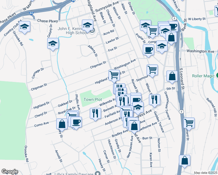 map of restaurants, bars, coffee shops, grocery stores, and more near 37 Rosemount Avenue in Waterbury