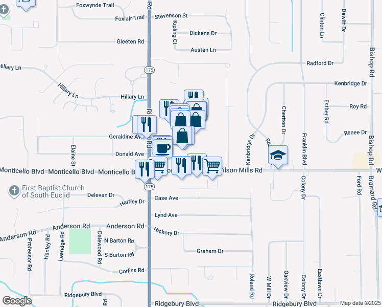 map of restaurants, bars, coffee shops, grocery stores, and more near 701 Richmond Road in Richmond Heights