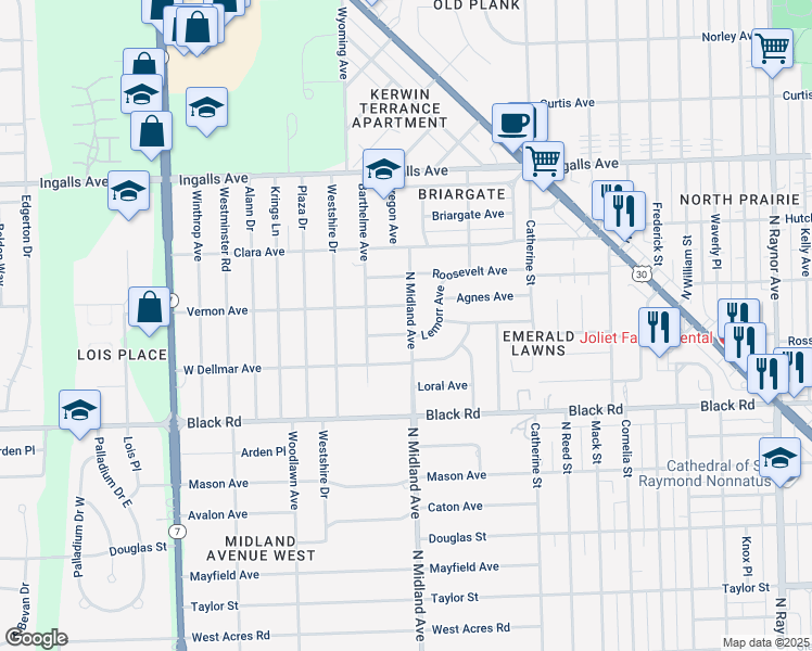 map of restaurants, bars, coffee shops, grocery stores, and more near 907 North Midland Avenue in Joliet