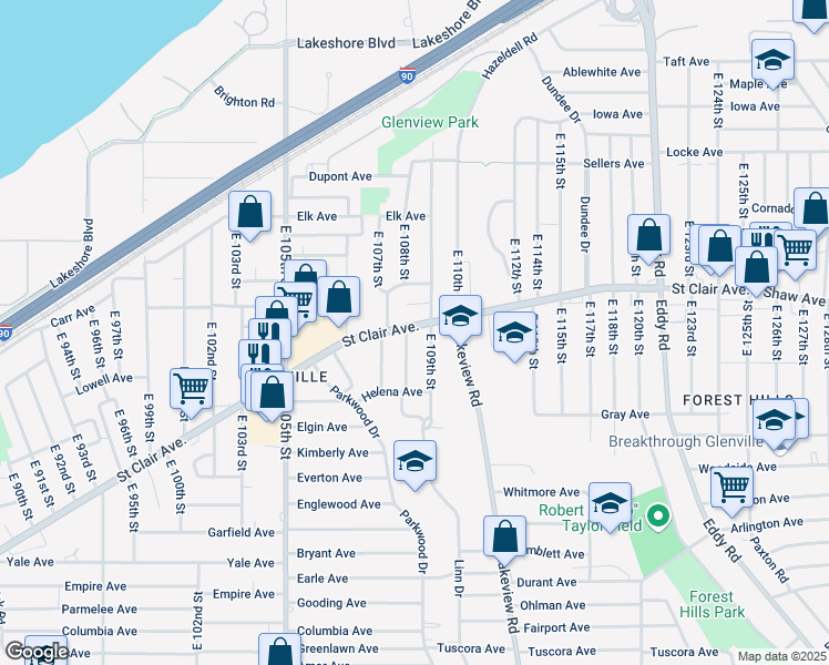 map of restaurants, bars, coffee shops, grocery stores, and more near 10808 Saint Clair Avenue in Cleveland