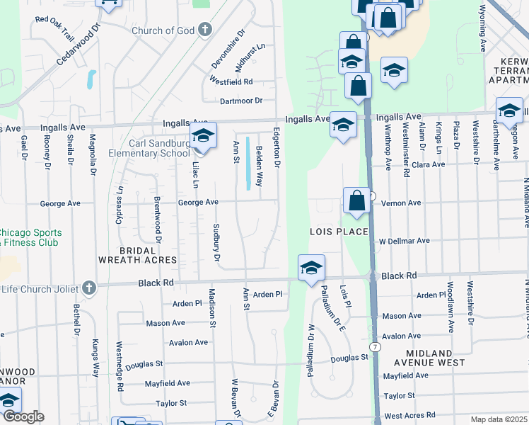 map of restaurants, bars, coffee shops, grocery stores, and more near 905 Stonegate Court in Joliet