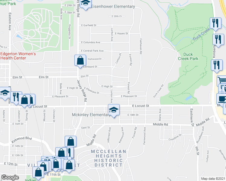 map of restaurants, bars, coffee shops, grocery stores, and more near 2021 Lorton Avenue in Davenport