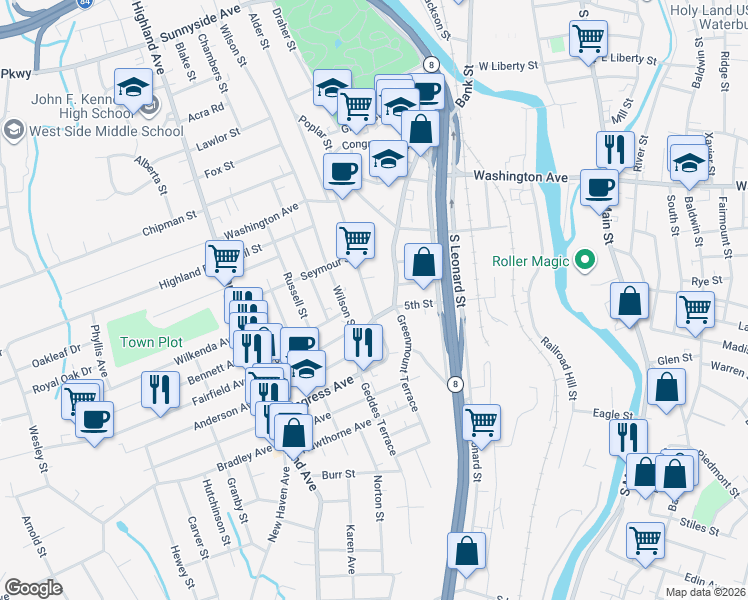 map of restaurants, bars, coffee shops, grocery stores, and more near in Waterbury