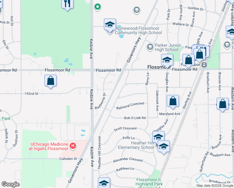 map of restaurants, bars, coffee shops, grocery stores, and more near 1220 Heather Hill Crescent in Flossmoor