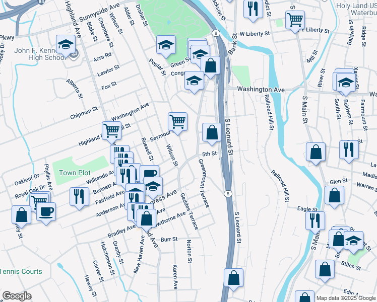 map of restaurants, bars, coffee shops, grocery stores, and more near 381 Congress Avenue in Waterbury