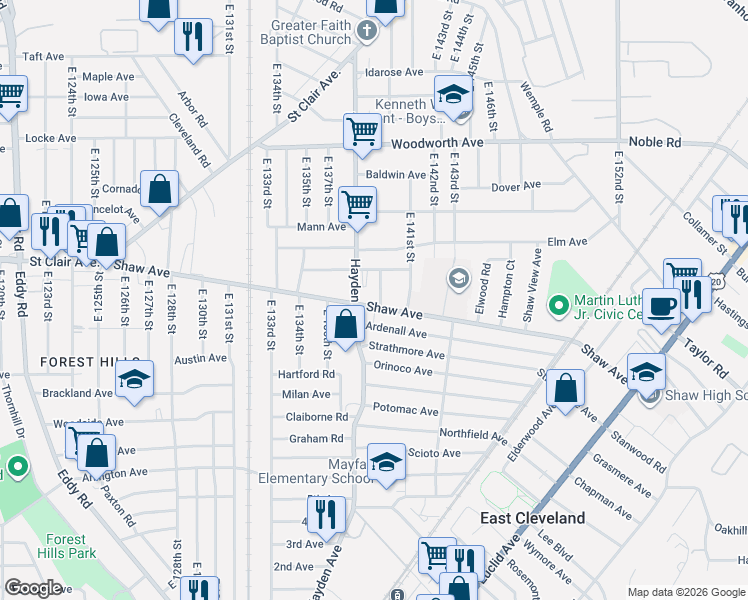 map of restaurants, bars, coffee shops, grocery stores, and more near in East Cleveland