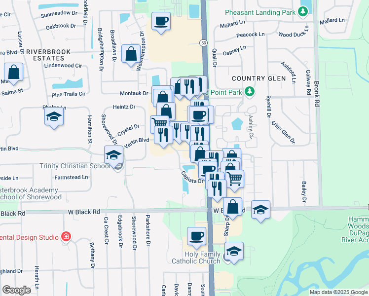 map of restaurants, bars, coffee shops, grocery stores, and more near 217 Vertin Boulevard in Shorewood