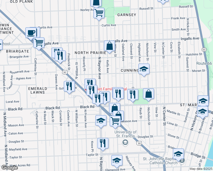 map of restaurants, bars, coffee shops, grocery stores, and more near 907 Kelly Avenue in Joliet