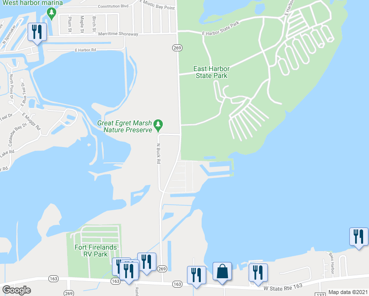 map of restaurants, bars, coffee shops, grocery stores, and more near 8657 East Northshore Boulevard in Lakeside Marblehead
